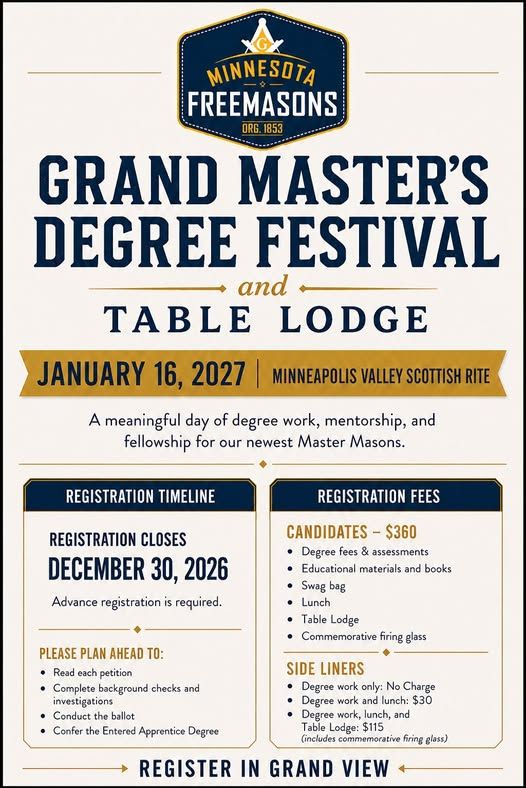 Grand Master's Degree Festival and Table Lodge flyer — January 16, 2027 at the Minneapolis Valley Scottish Rite. Registration closes December 30, 2026; advance registration required. Candidates $360 including degree fees, educational materials, swag bag, lunch, Table Lodge, and commemorative firing glass. Side liners: degree work only no charge, degree work and lunch $30, degree work, lunch and Table Lodge $115. Register in Grand View.
